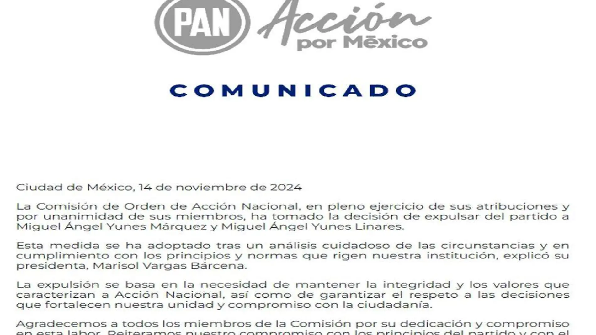 Comunicado PAN sobre expulsión Yunes